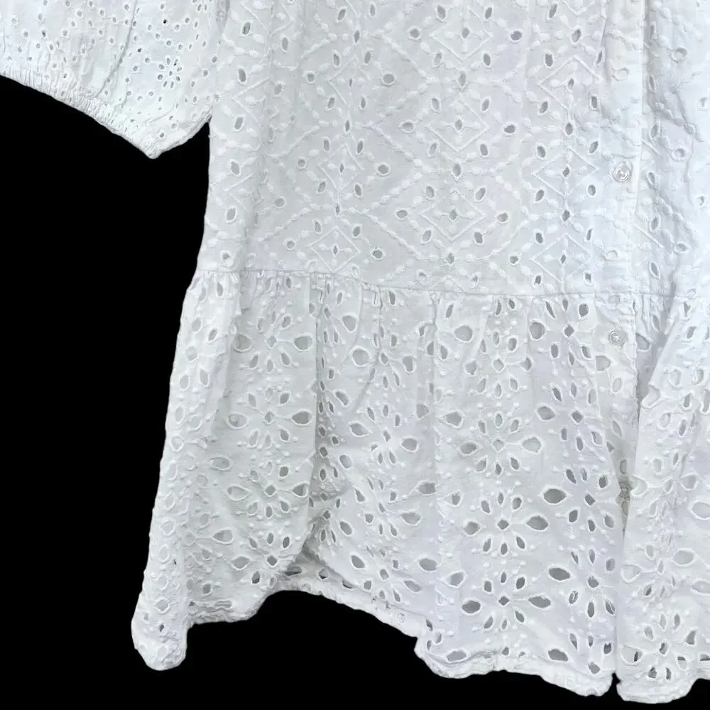 Zara Girls White Eyelet Embroidered Dress V Neck Long Sleeve Cottagecore 6